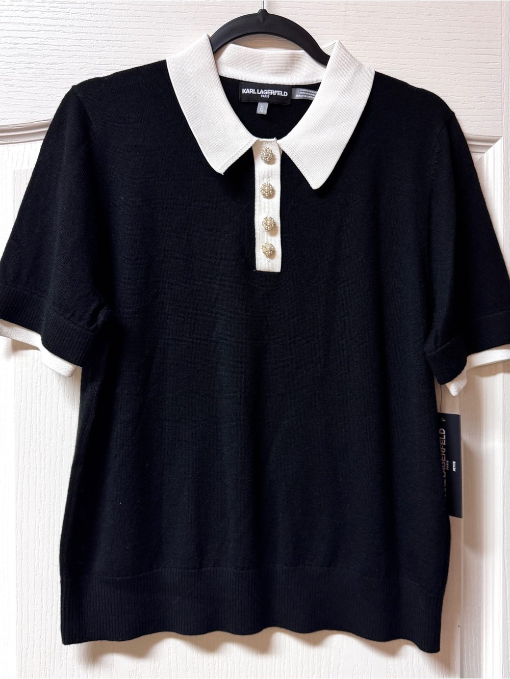 Women’s Karl Lagerfeld Black Short-Sleeve Polo Style Sweater with White Collar
